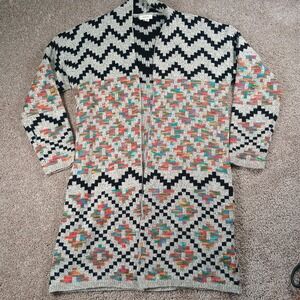 Debut Soft Long Duster Cardigan Sweater Aztec Colorful Rainbow Grey Size Small